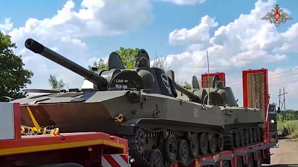 In this photo released by Russian Defense Ministry Press Service on Wednesday, July 12, 2023, Artillery systems belonging to Wagner are seen on a trailer ahead of their handover to the Russian military at an undisclosed location. The Russian Defense Ministry said that Wagner Group is completing the handover of its weapons to the Russian military. The move follows Wagner's short-lived mutiny last month that challenged the Kremlin. (Russian Defense Ministry Press Service via AP)