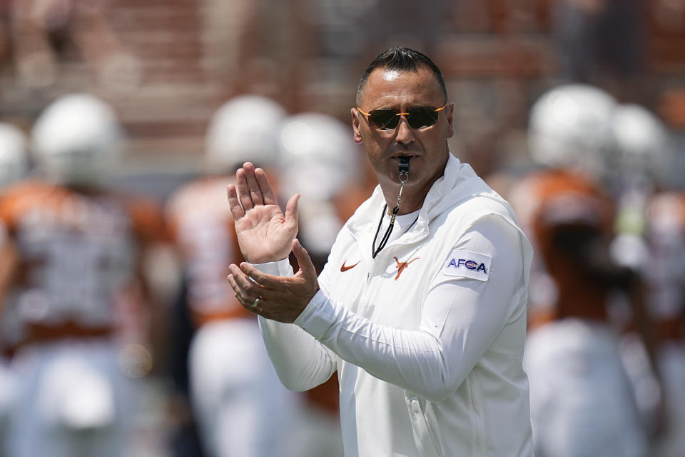 Texas head coach Steve Sarkisian before an NCAA college football game against Rice in Austin, Texas, Saturday, Sept. 2, 2023. (AP Photo/Eric Gay)