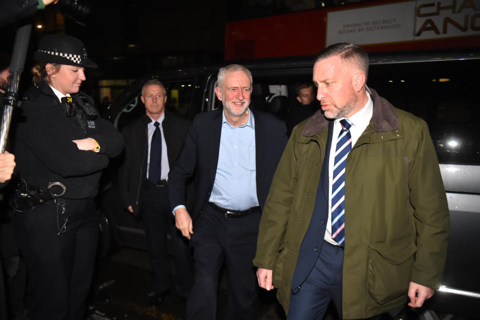 Labour leader Jeremy Corbyn (centre) arrives for Channel 4 News' General Election climate debate at ITN Studios in Holborn, central London.