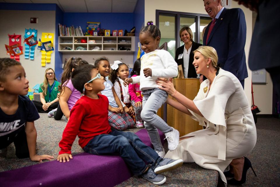 Ivanka Trump visits a day care attached to Metropolitan Community College in Kansas City on Oct. 10. She is advising her father, President Donald Trump, on child care and paid family leave. As much as she believes her “efforts are bearing fruit,” Trump said she will have viewed her work “as a failure if we don’t pass legislation.”