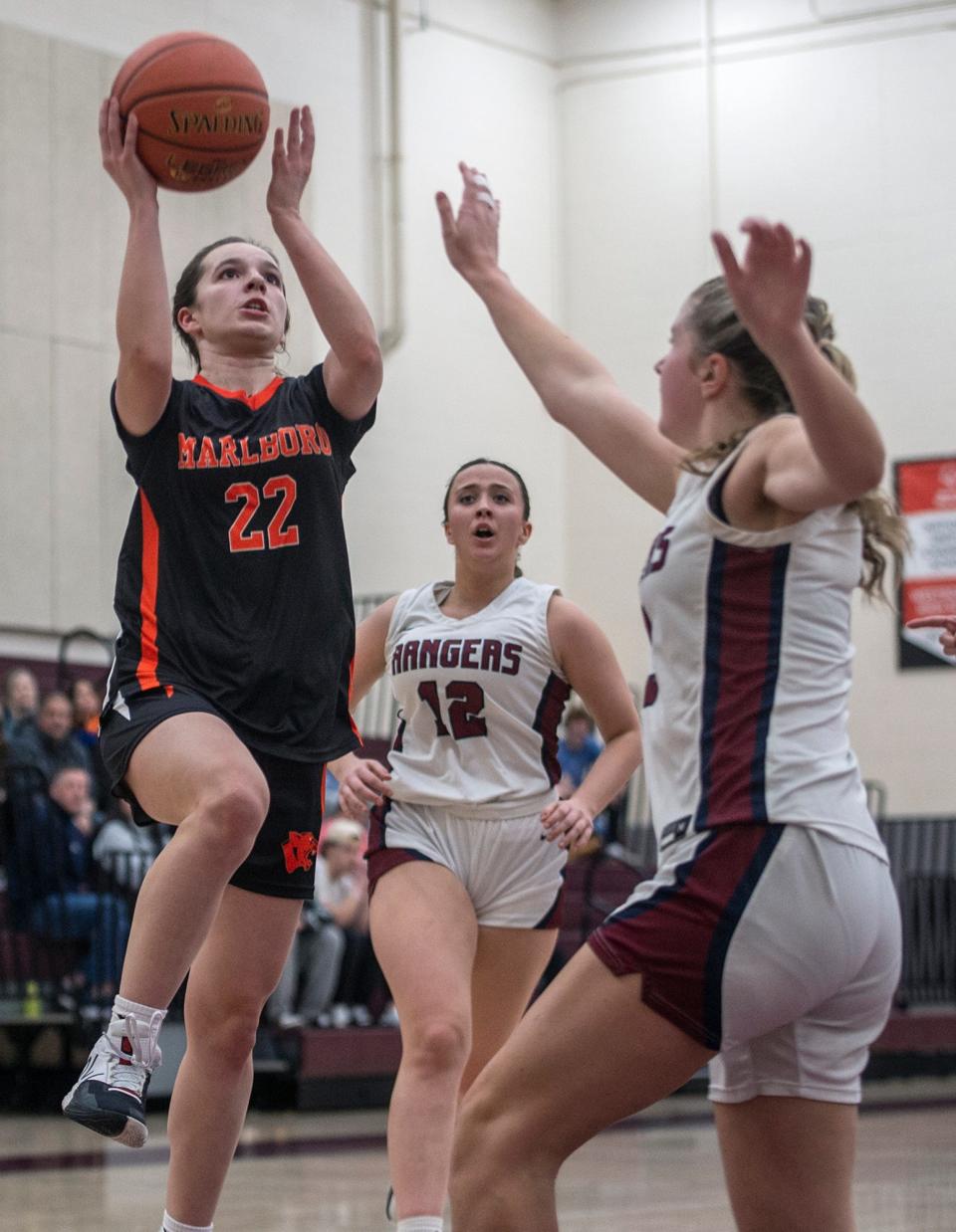 Marlborough High School sophomore Bella Miele heads to the basket at Westborough, Jan. 12, 2024.