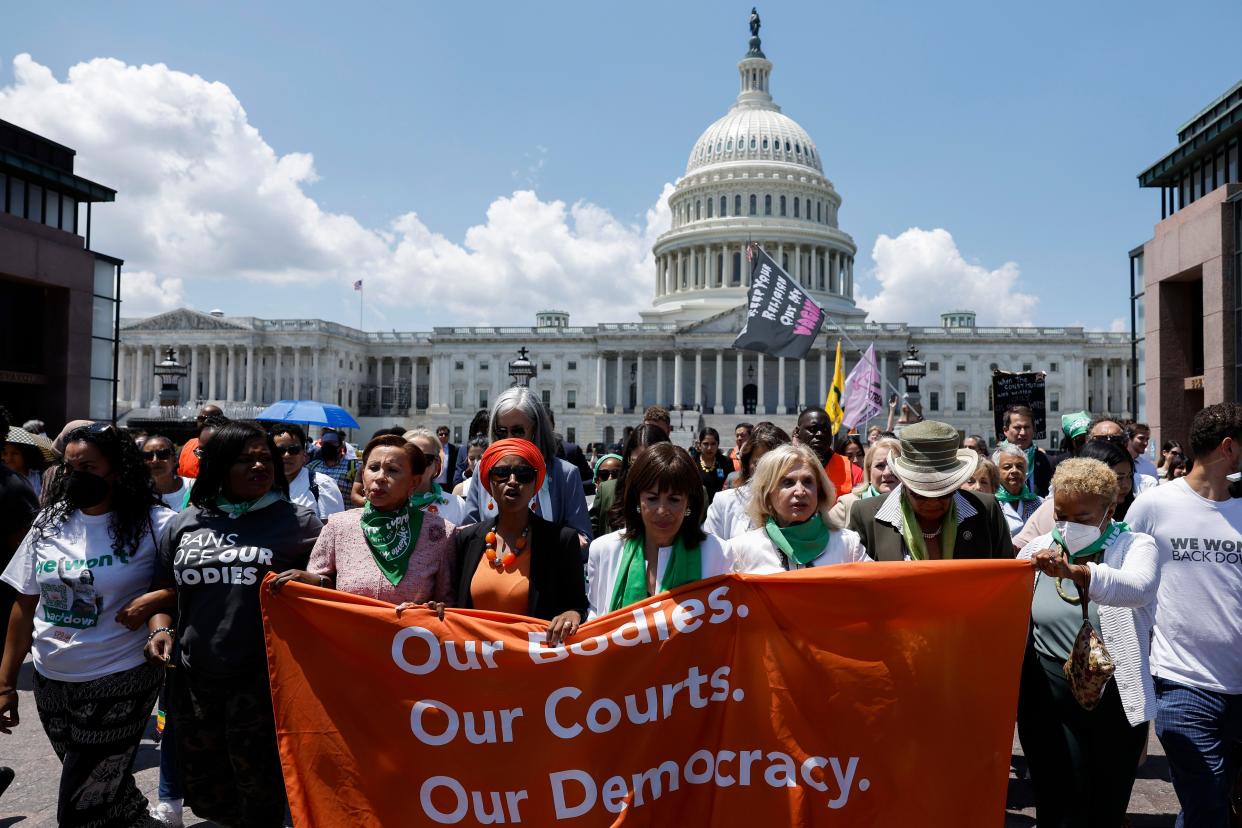 Rep. Jackie Speier (D-CA) (Center) leads House Democrats to join an abortion rights protest with the Center for Popular Democracy Action (CPDA) in front of the U.S. Supreme Court Building on July 19, 2022 in Washington, DC. 