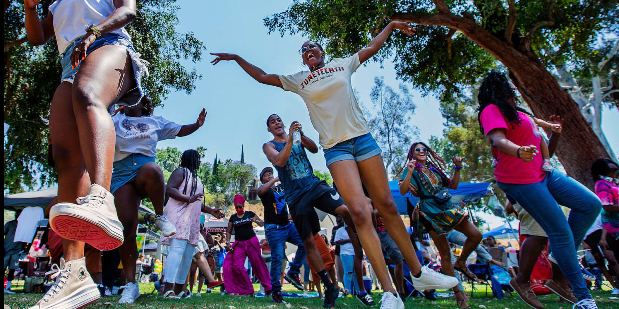 Hundreds of people attend the Juneteenth Celebration at Fairmount Park in Riverside on Saturday, June 19, 2021. (Terry Pierson / The Press-Enterprise / Getty Images)