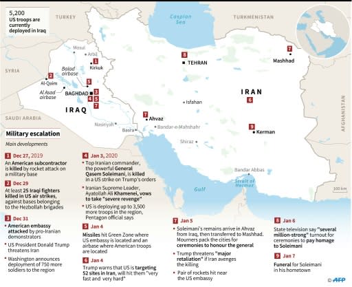 Map of Iran and Iraq showing developments in military escalation in which Iranian commander General Qasem Soleimani was killed in a US strike on the orders of Donald Trump