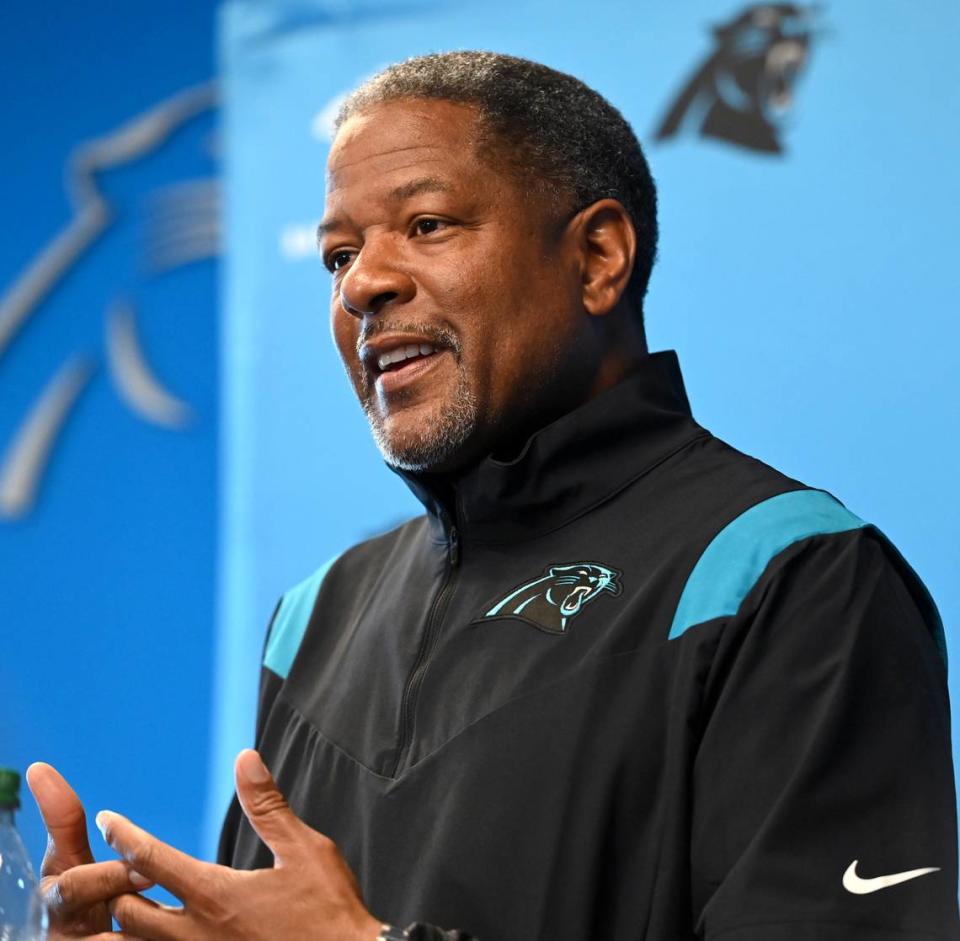 Carolina Panthers Interim head coach Steve Wilks smiles as he responds to a question from the media on Monday, January 9, 2023 at Bank of America Stadium in Charlotte, NC. Panthers players packed up their lockers following the conclusion of the team’s season on Sunday, January 8, 2023 with a victory over the New Orleans Saints. JEFF SINER/jsiner@charlotteobserver.com