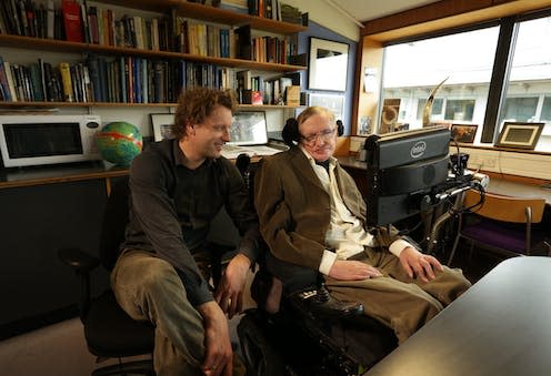 <span class="caption">Hawking and the author. </span> <span class="attribution"><span class="source">Photograph: Thomas Hertog and Jonathan Wood</span>, <span class="license">Author provided</span></span>