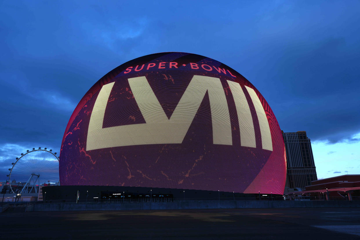 Feb 10, 2024; Las Vegas, NV, USA; Super Bowl 58 graphics are projected onto the Sphere. Mandatory Credit: Kirby Lee-USA TODAY Sports