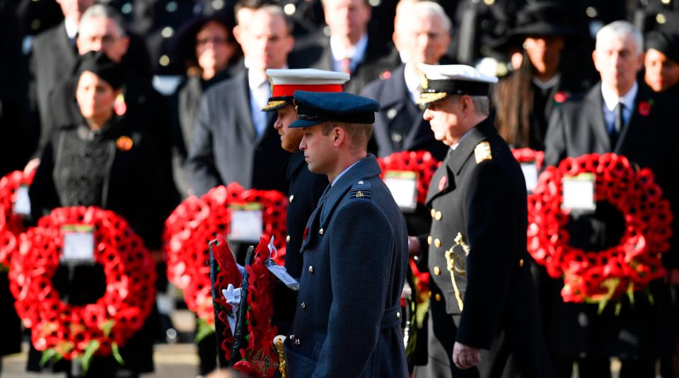 Prince Harry and Prince William lay a wreath during the Remembrance Sunday ceremony at The Cenotaph in central London on Nov. 10, 2019.