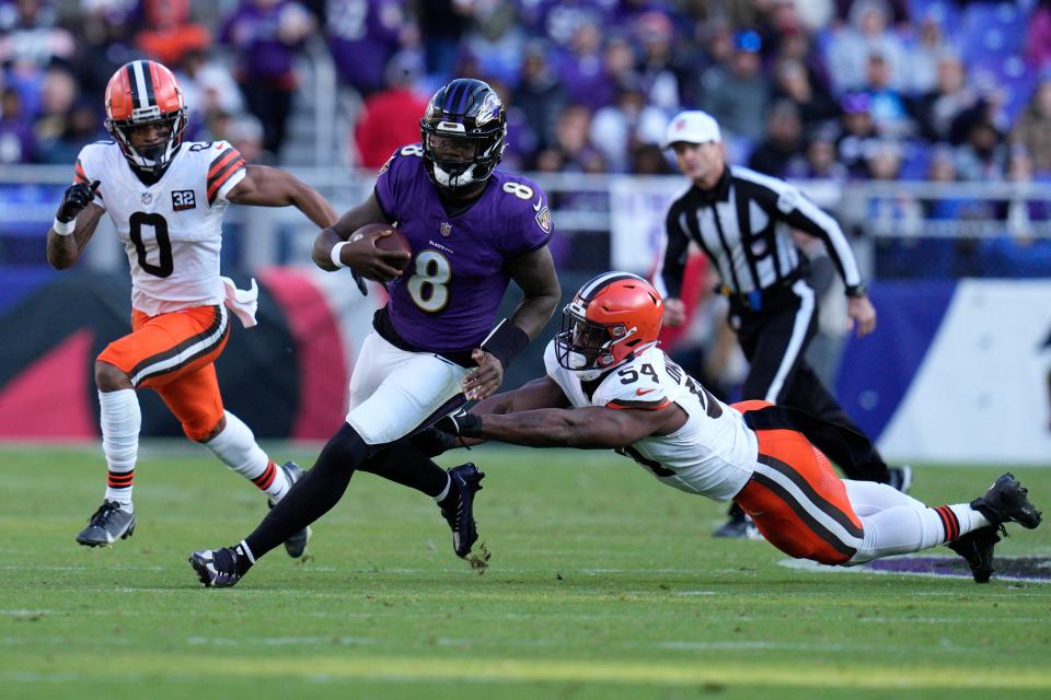 Quarterback Lamar Jackson and the Baltimore Ravens lost to the Cleveland Browns Sunday but are still atop the AFC North with a game against the Bengals Thursday night.