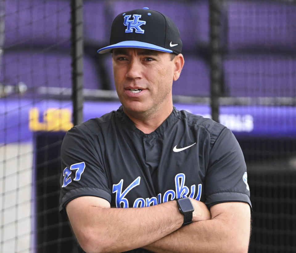 FILE - Kentucky head coach Nick Mingione stands on the field during batting practice before an NCAA college baseball game against LSU, April 13, 2023, in Baton Rouge, La. Mingione led Kentucky to its second SEC regular season title with a school-record 22 league wins. The Wildcats started the year unranked but finished the regular season ranked No. 2 in the D1 Baseball.com and Baseball America polls. (Hilary Scheinuk/The Advocate via AP, File)
