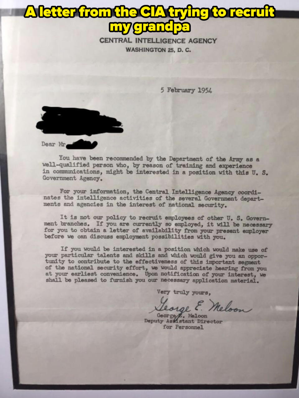 CIA letter dated February 5, 1954, recommending an individual for employment based on qualifications in communications. Signed by Deputy Assistant Director for Personnel