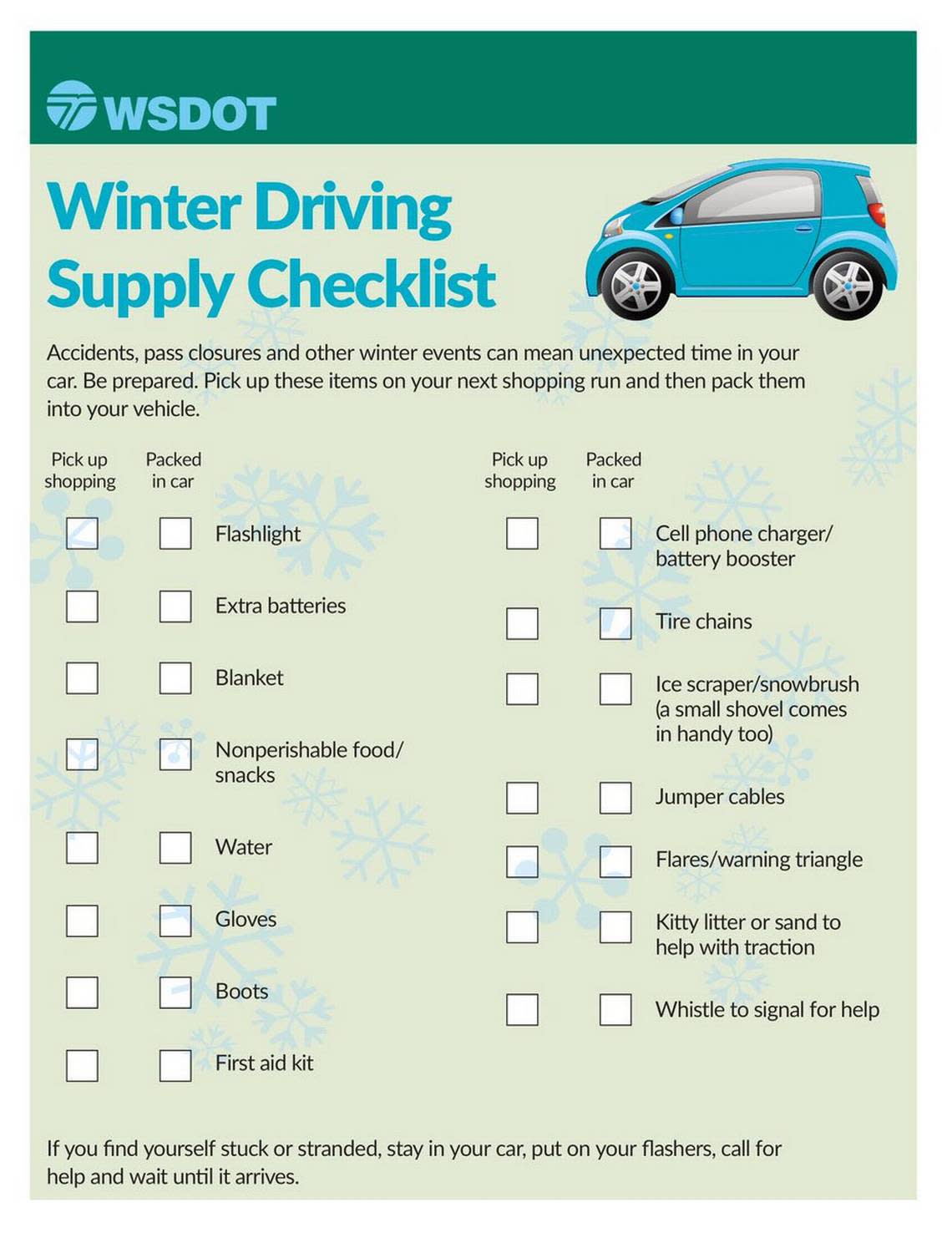 Washington State Department of Transportation winter driving supply checklist.