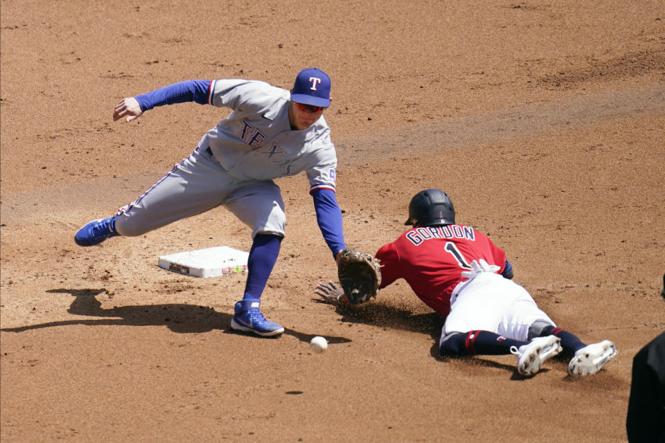 Minnesota Twins' Nick Gordon, right, steals second base as the throws gets past Texas Rangers second baseman Nick Solak in the second inning of a baseball game, Thursday, May 6, 2021, in Minneapolis. (AP Photo/Jim Mone)