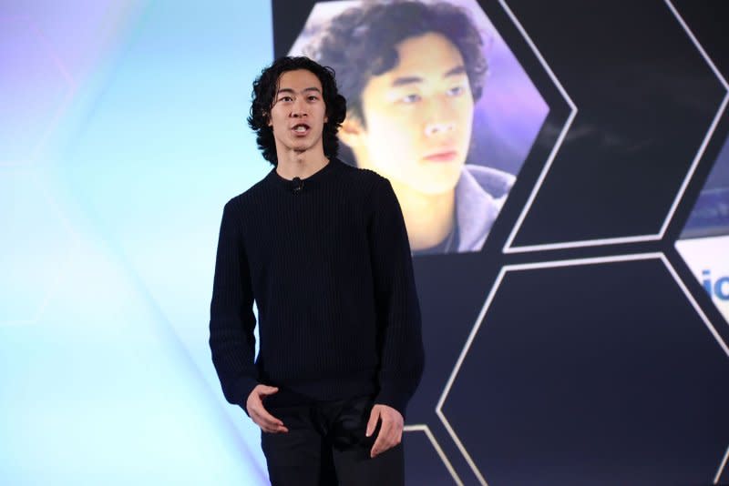 Olympic gold-medalist Nathan Chen speaks on stage during the 2023 International CES at the Mandalay Bay Convention Center in Las Vegas on January 4, 2023. The figure skater turns 25 on May 4. File Photo by James Atoa/UPI