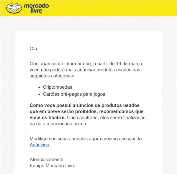 MercadoLibre's email to its vendors
