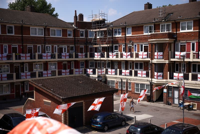 The Kirby Estate, which has been decorated with hundreds of England flags, is seen in London