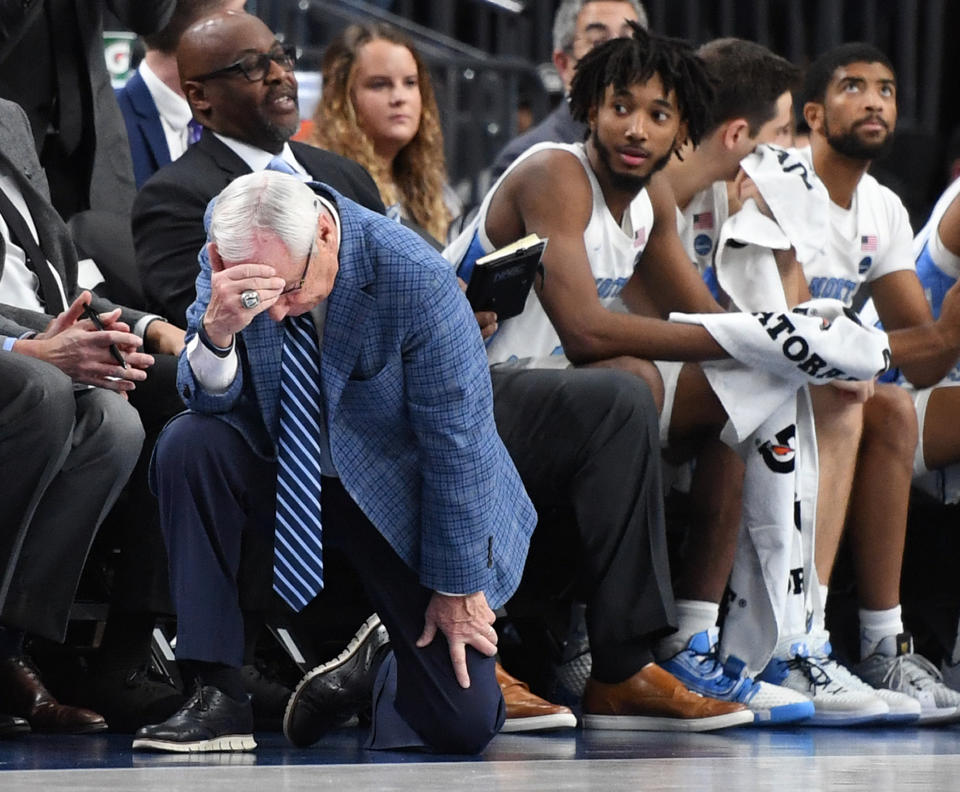 North Carolina's Roy Williams reacts after his players turned the ball over against UCLA at the CBS Sports Classic on Saturday. (Ethan Miller/Getty Images)