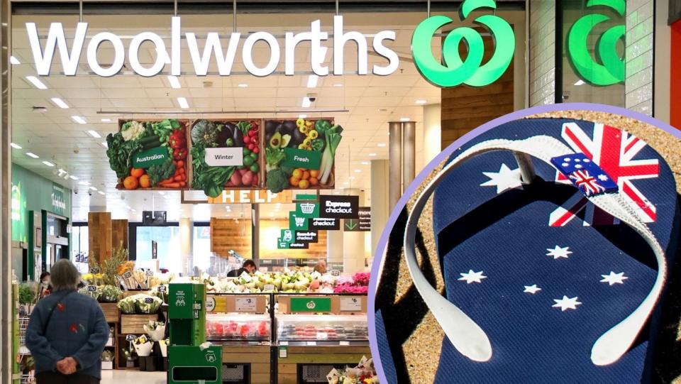 A photo of a Woolworths store combined with an image of an Australia flag themed thong.