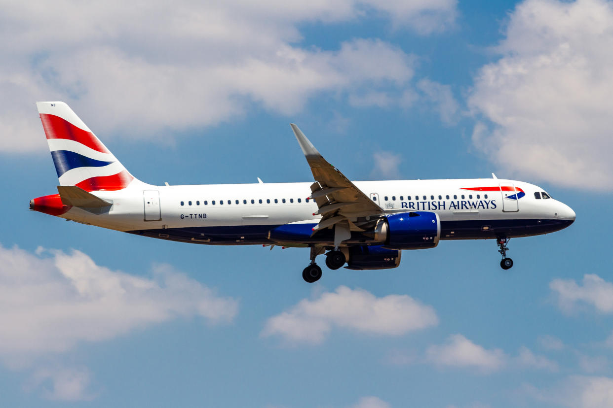 British Airways Airbus A320neo aircraft landing in a blue sky summer day at Athens International Airport AIA LGAV / ATH in Greece, on 15 July 2019 The new advanced modern with sophisticated technology Airbus A320-251N is a next generation airplane with lower fuel consumption, extended operation range and is power by 2x LEAP jet engines. British Airways BA BAW SHT Shuttle Speedbird connects the Greek capital Athina to the British Capital and London Heathrow LHR LGLL airport in England, UK. BA is a Oneworld aviation alliance member and the flag carrier airline of the United Kingdom. (Photo by Nicolas Economou/NurPhoto via Getty Images)