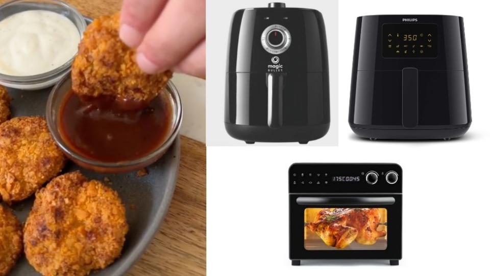 At left, a hand dips a crispy coated nugget in sauce, while others sit on a serving platter; at right three views of black air fryers.