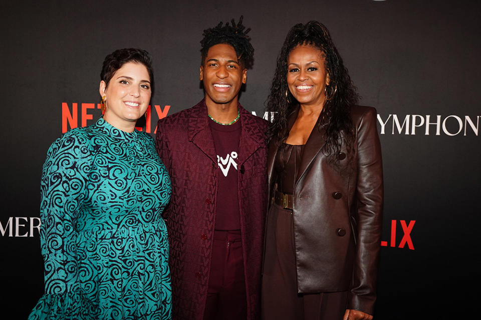 Suleika Jaouad, Jon Batiste, and Michelle Obama attend the American Symphony New Orleans Premiere on December 07, 2023 in New Orleans, Louisiana.
