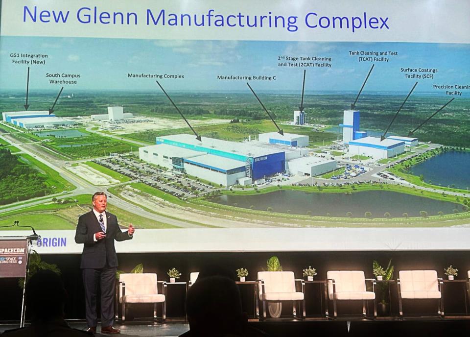 Lars Hoffman, Blue Origin vice president for national security sales, discusses a map of the New Glenn manufacturing complex during a Feb. 1 SpaceCom presentation at the Orange County Convention Center in Orlando.