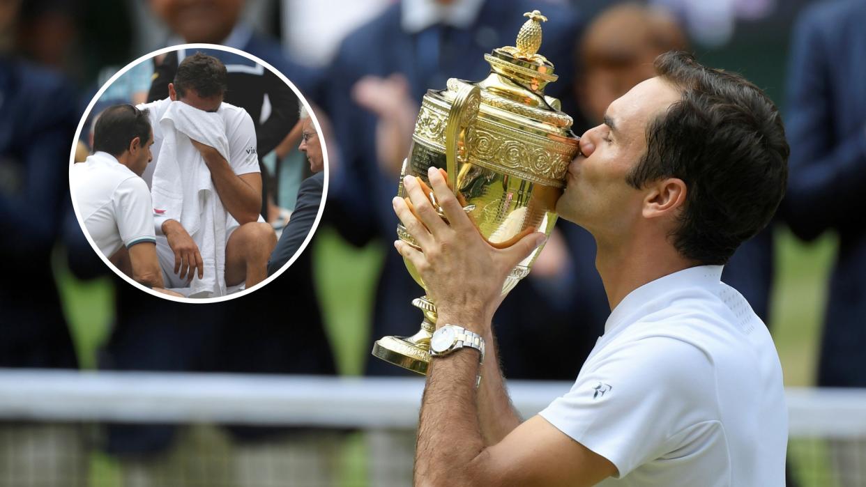 Roger Federer celebrates while it is agony for Marin Cilic