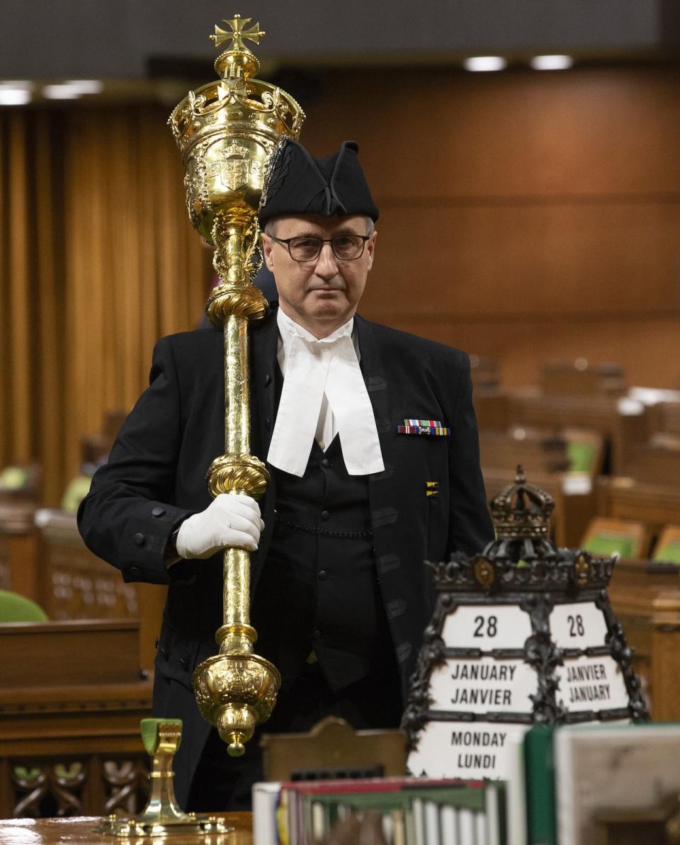 Sergeant-at-Arms Patrick McDonnell waits to place the mace as parliament resumes in West Block in Ottawa, Monday, January 28, 2019.