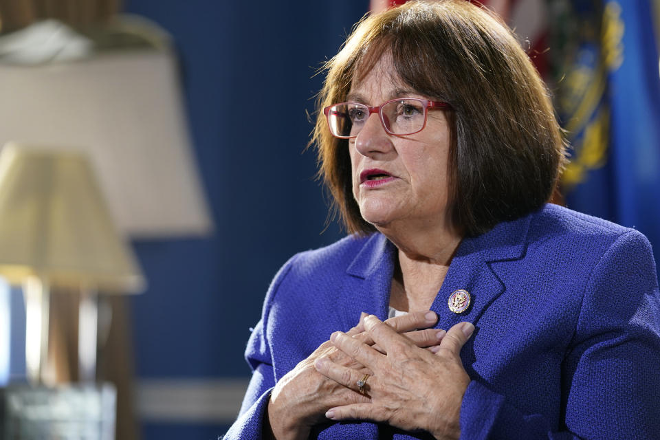 Rep. Annie Kuster, D-N.H., talks during an interview with The Associated Press in her office on Capitol Hill in Washington, Wednesday, Dec. 15, 2021, looking back a year later at her experience during the Jan. 6 Capitol insurrection. (AP Photo/Susan Walsh)