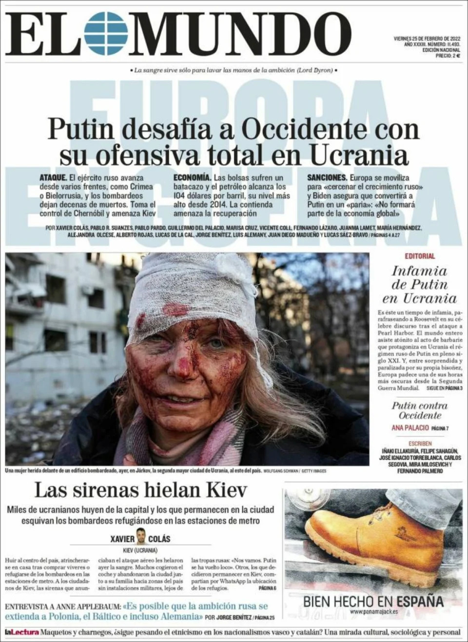 <p>"Putin desafía a Occidente con su ofensiva total a Ucrania", "Las sirenas hielan Kiev" e "Infamia de Putin en Ucrania" son los tres grandes titulares de El Mundo. Además, se puede leer en mayúsculas "Europa en guerra" con la comentada imagen de Schwan como telón de fondo. (Foto: <a href="https://www.elmundo.es/" rel="nofollow noopener" target="_blank" data-ylk="slk:El Mundo" class="link ">El Mundo</a>)</p> 