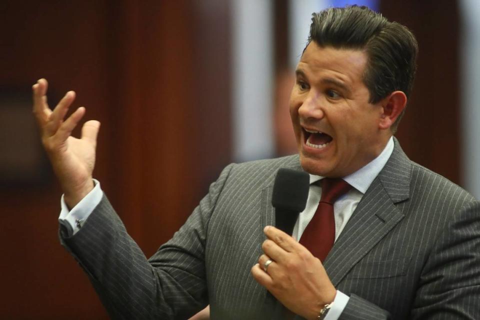 State Sen. Jason Pizzo, D-North Miami Beach, makes a point during debate on Senate Bill CS/SB 2-D: Property Insurance, in the Florida Senate, Tuesday, May 24, 2022, at the Capitol in Tallahassee, Fla.