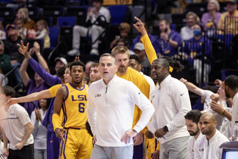 Feb 3, 2024; Baton Rouge, Louisiana, USA; LSU Tigers head coach Matt McMahon looks on after a three-point basket against the Arkansas Razorbacks during the first half at Pete Maravich Assembly Center. Mandatory Credit: Stephen Lew-USA TODAY Sports