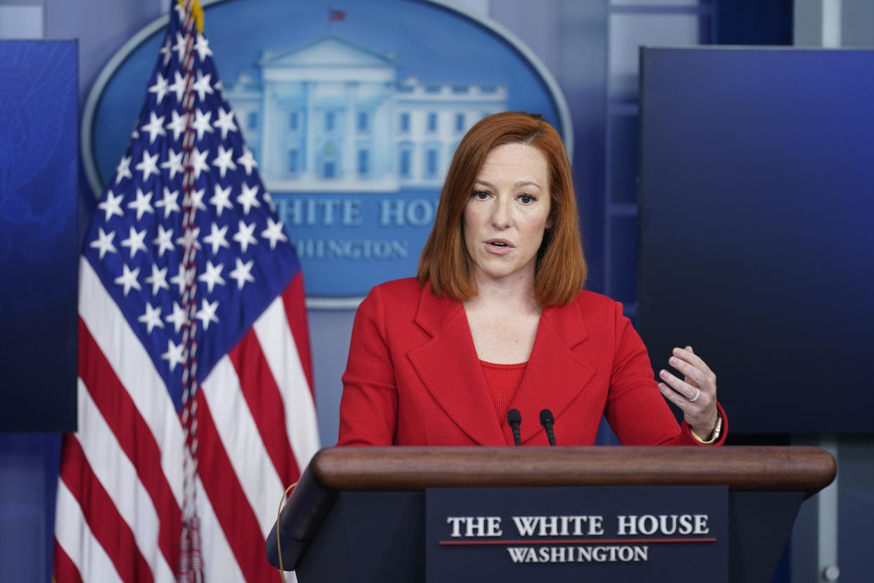 White House press secretary Jen Psaki speaks during a press briefing at the White House, Monday, April 12, 2021, in Washington. (Patrick Semansky/AP)