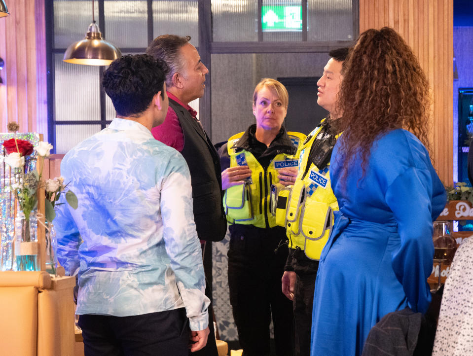 FROM ITV

STRICT EMBARGO - No Use Before Tuesday 26th September 2023

Coronation Street - Ep 1107374

Monday 2nd October 2023

When the police arrive to talk to Dev Alahan [JIMMY HARKISHSIN] about the vandalism at the kebab shop he tries to tell them it was a family matter but Aadi Alahan [ADAM HUSSAIN] accuses Dev of reporting him. 

Picture contact - David.crook@itv.com

Photographer - Danielle Baguley

This photograph is (C) ITV and can only be reproduced for editorial purposes directly in connection with the programme or event mentioned above, or ITV plc. This photograph must not be manipulated [excluding basic cropping] in a manner which alters the visual appearance of the person photographed deemed detrimental or inappropriate by ITV plc Picture Desk. This photograph must not be syndicated to any other company, publication or website, or permanently archived, without the express written permission of ITV Picture Desk. Full Terms and conditions are available on the website www.itv.com/presscentre/itvpictures/terms
