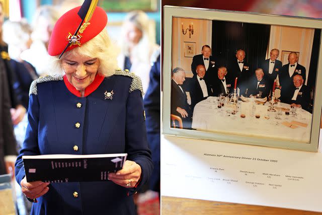 <p>Chris Jackson/WPA Pool/Getty (2)</p> (Left) Queen Camilla views a photo of her father, the late Major Bruce Shand, during her visit to The Royal Lancers on April 22, 2024; (Right) A photo of a group of veteran Royal Lancers, including Queen Camilla's father, the late Major Bruce Shand, displayed during her visit on April 22, 2024.