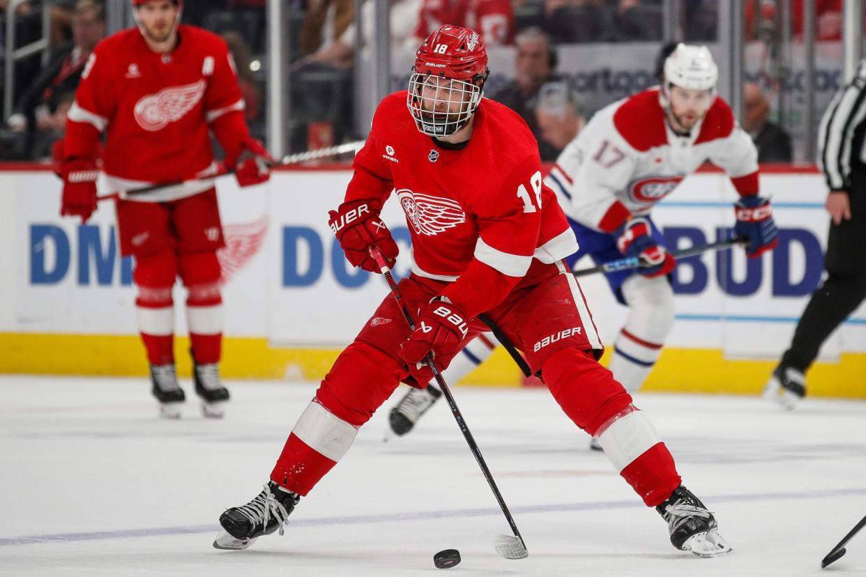 Detroit Red Wings center Andrew Copp (18) looks to pass against Montreal Canadiens during the first period at Little Caesars Arena in Detroit on Monday, April 15, 2024.
