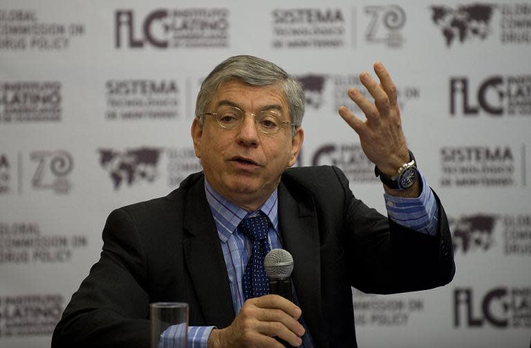 Cesar Gaviria, former President of Colombia speaks during a press conference in Mexico City on March 7, 2013