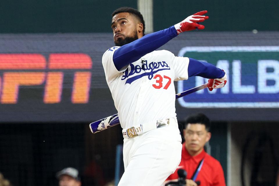 Teoscar Hernandez of the Los Angeles Dodgers competes during the MLB Home Run Derby, July 15, 2024, in Arlington, Texas.