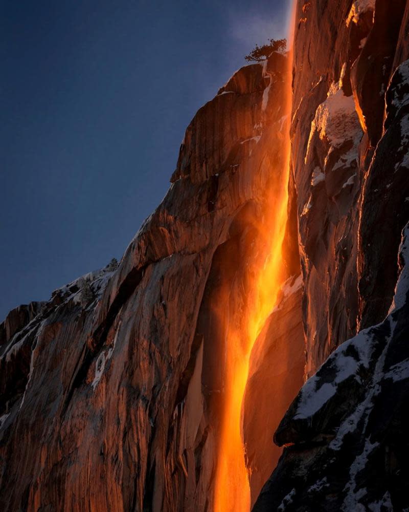 Sunlight hits the Horsetail Fall.