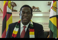In this UNTV image, Emmerson Dambudzo Mnangagwa, President of Zimbabwe, speaks in a pre-recorded video message during the 75th session of the United Nations General Assembly, Thursday, Sept. 24, 2020, at UN headquarters. The U.N.'s first virtual meeting of world leaders started Tuesday with pre-recorded speeches from heads-of-state, kept at home by the coronavirus pandemic. (UNTV via AP)