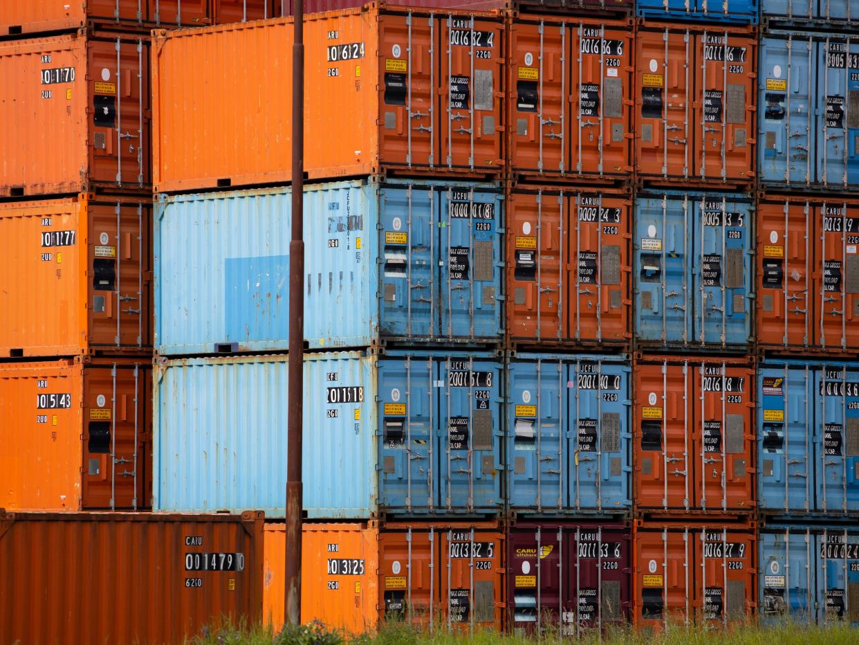 Shipping containers in the port of Rotterdam, Netherlands, Saturday, May 15, 2021.