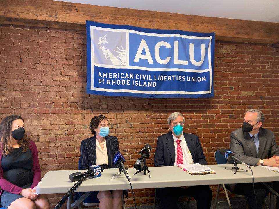 From left, lead plaintiff Alexandra Morelli, attorneys Lynette Labinger and Peter Wasylyk and ACLU of Rhode Island Executive Director Steven Brown announce a class-action lawsuit against RIPTA and UnitedHealthcare on Tuesday.
