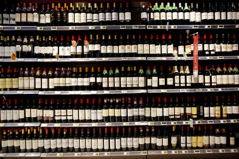 FILE PHOTO: Bottles of French wine are displayed on sale in a supermarket in Vertou