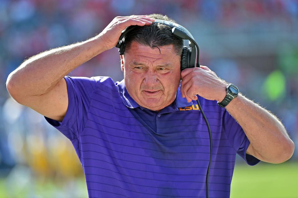 Oct 23, 2021; Oxford, Mississippi, USA; LSU Tigers head coach Ed Orgeron during the first half against the Mississippi Rebels at Vaught-Hemingway Stadium. Mandatory Credit: Justin Ford-USA TODAY Sports