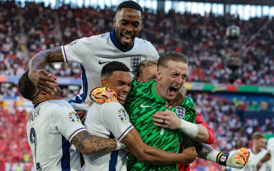 England celebrate their penalty shoot-out win over Switzerland