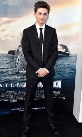 <p>Frazer Harrison/Getty</p> Timothee Chalamet attends the premiere of Paramount Pictures' "Interstellar" on October 26, 2014 in Hollywood, California.