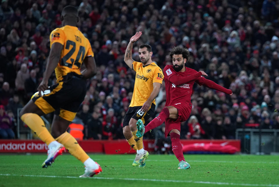 Liverpool's Mohamed Salah scores their side's second goal of the game during the Emirates FA Cup third round match at the Anfield, Liverpool. Picture date: Saturday January 7, 2023. (Photo by Peter Byrne/PA Images via Getty Images)