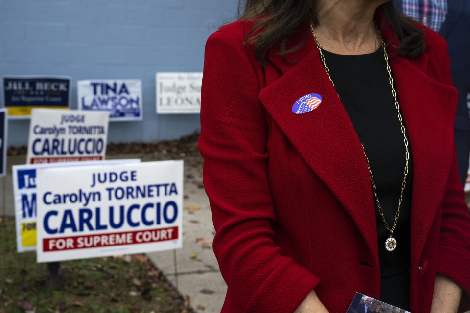 Carolyn Carluccio, Republican Pennsylvania Supreme Court candidate, leaves the Wissahickon Valley Public Library after voting in Blue Bell, Pa. on Tuesday, Nov. 7, 2023. (AP Photo/Joe Lamberti)