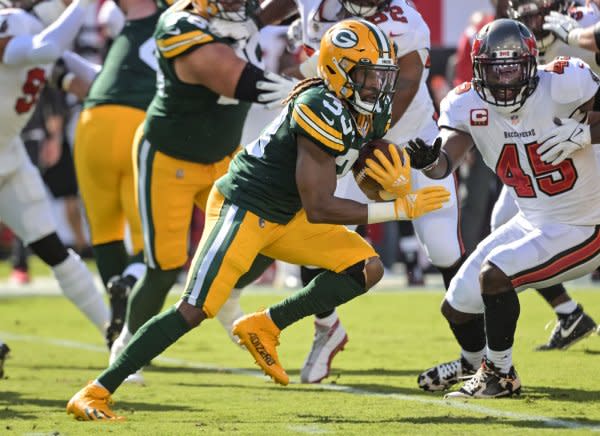 Green Bay Packers running back Aaron Jones is a great sleeper target in fantasy football drafts. File Photo by Steve Nesius/UPI