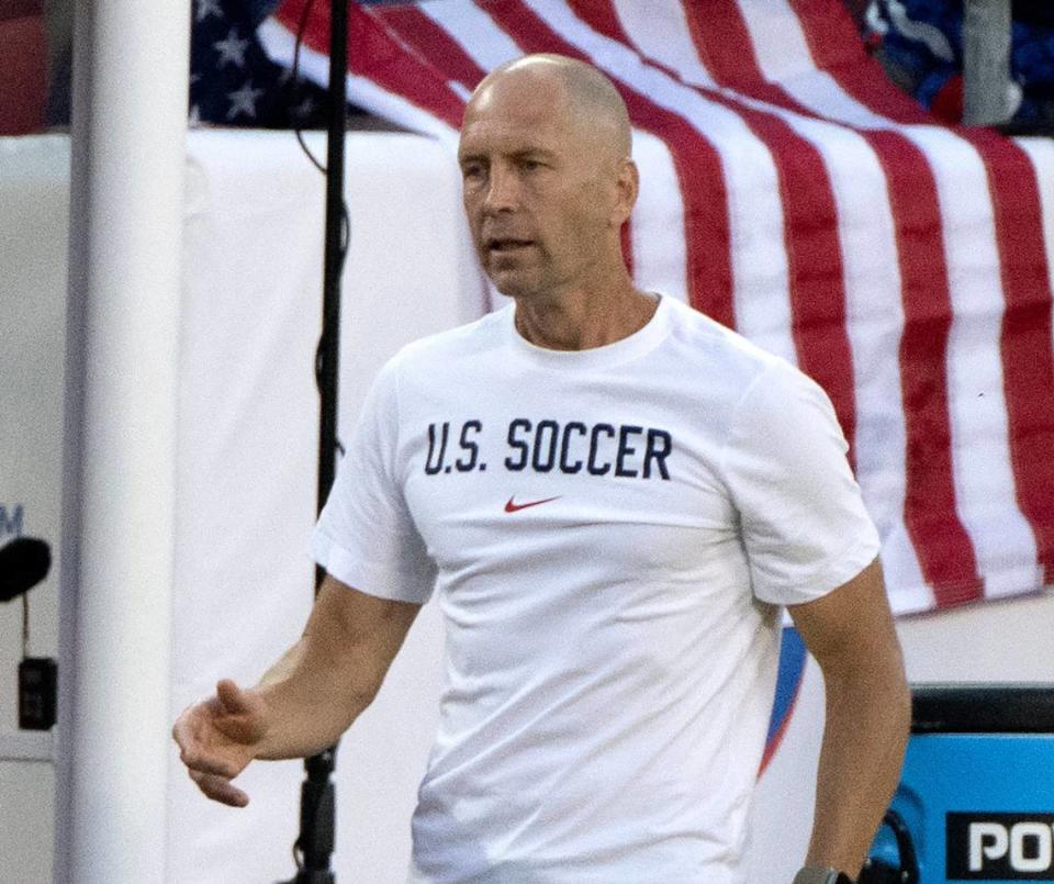 United States head coach Gregg Berhalter observes his players in the first half of a Copa America match against Uruguay at GEHA Field at Arrowhead Stadium on Monday, July 1, 2024, in Kansas City.